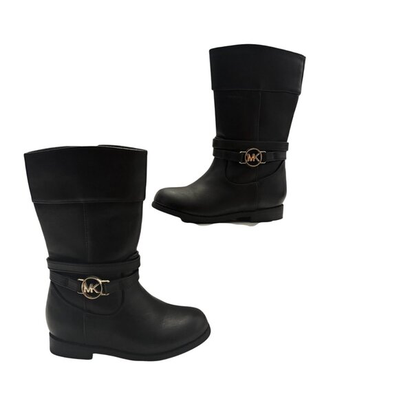 Michael Kors Girls Black Leather Logo Buckle Mid-Calf Boots Size 7 - Picture 1 of 13